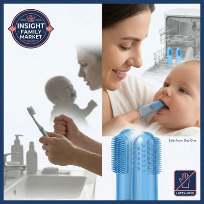 Collage of a woman teaching a baby to brush teeth, a sink with toothbrushes, and a close-up of a baby using a blue toothbrush.