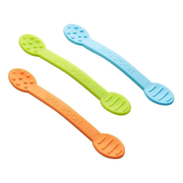 Three silicone sensory spoons in blue, green, and orange with textured ends.