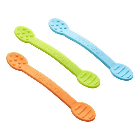 Three silicone sensory spoons in blue, green, and orange with textured ends.