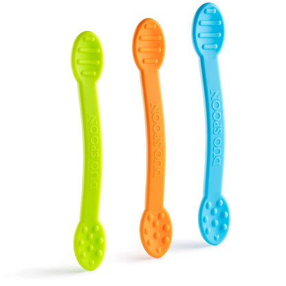 Set of three colorful silicone sensory spoons for kids, in green, orange, and blue.