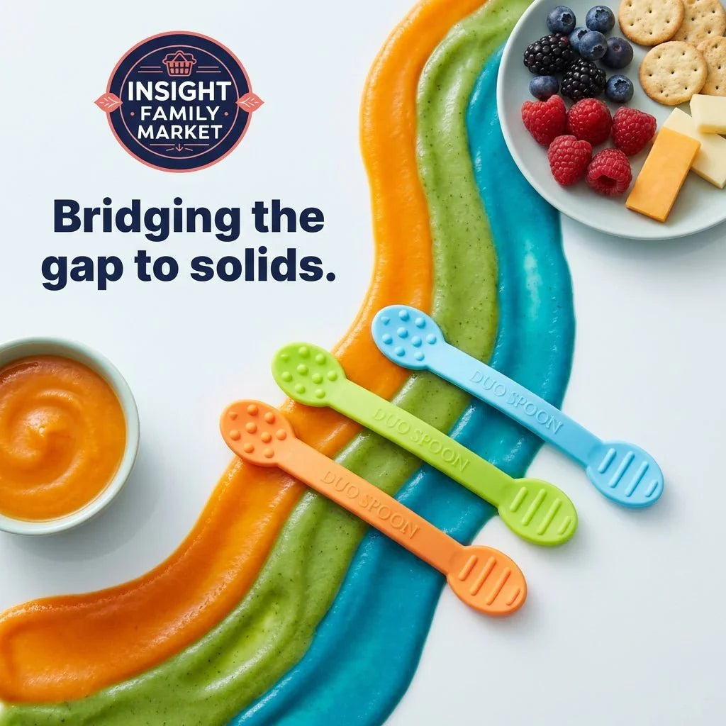 Colorful duo spoons for baby-led weaning with purees and solid foods on a white background.