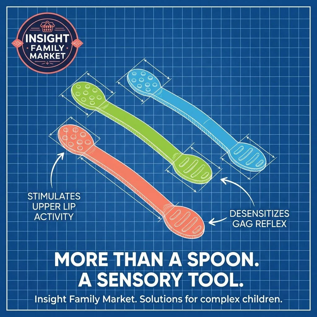 Three sensory spoons in blue, green, and orange with textured ends for oral motor support.