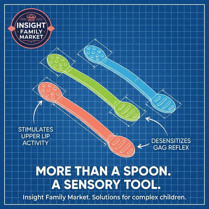 Three sensory spoons in blue, green, and orange with textured ends for oral motor support.