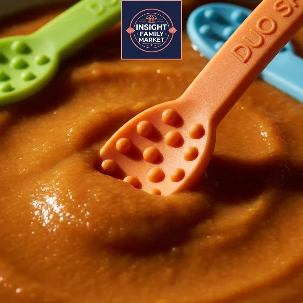 Sensory-friendly silicone spoons in fruit puree, close up for autism and ADHD support