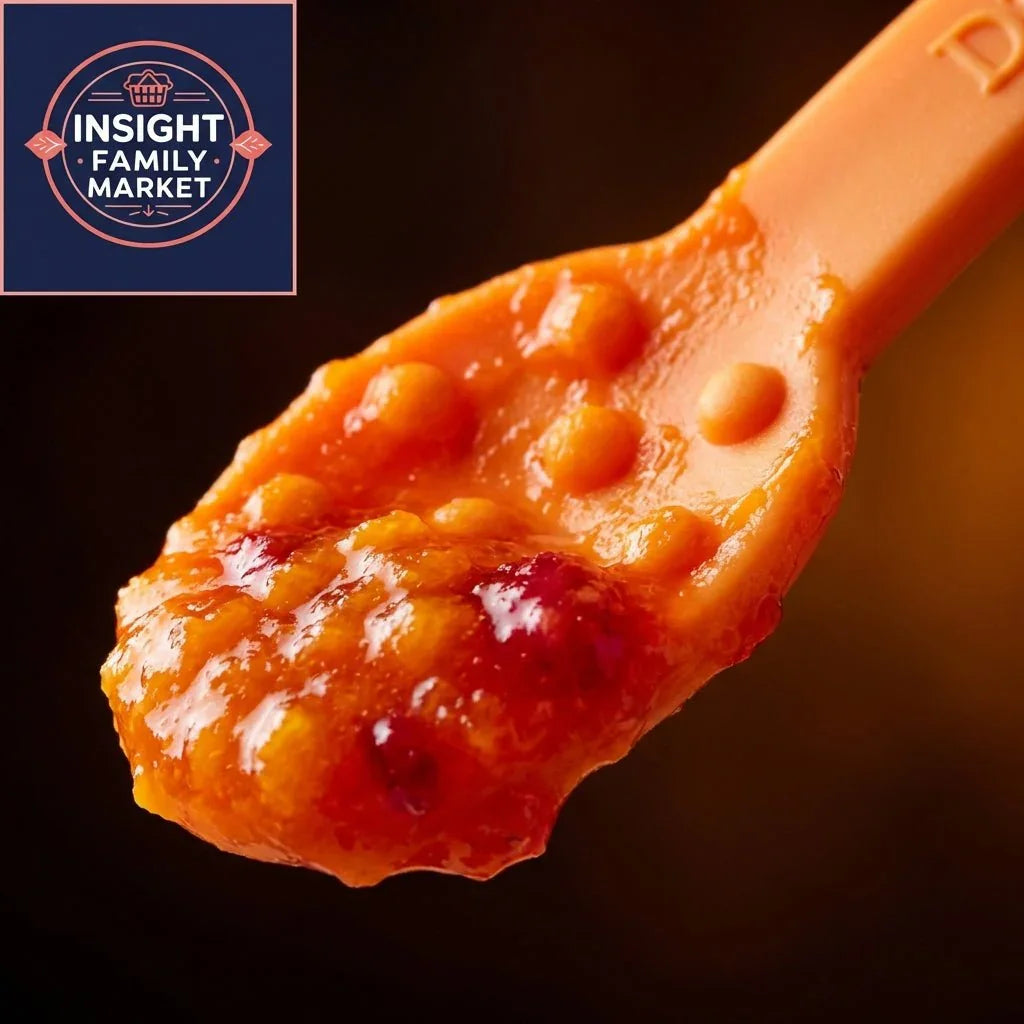 Textured orange sensory feeding spoon with pureed food, ideal for sensory kids.