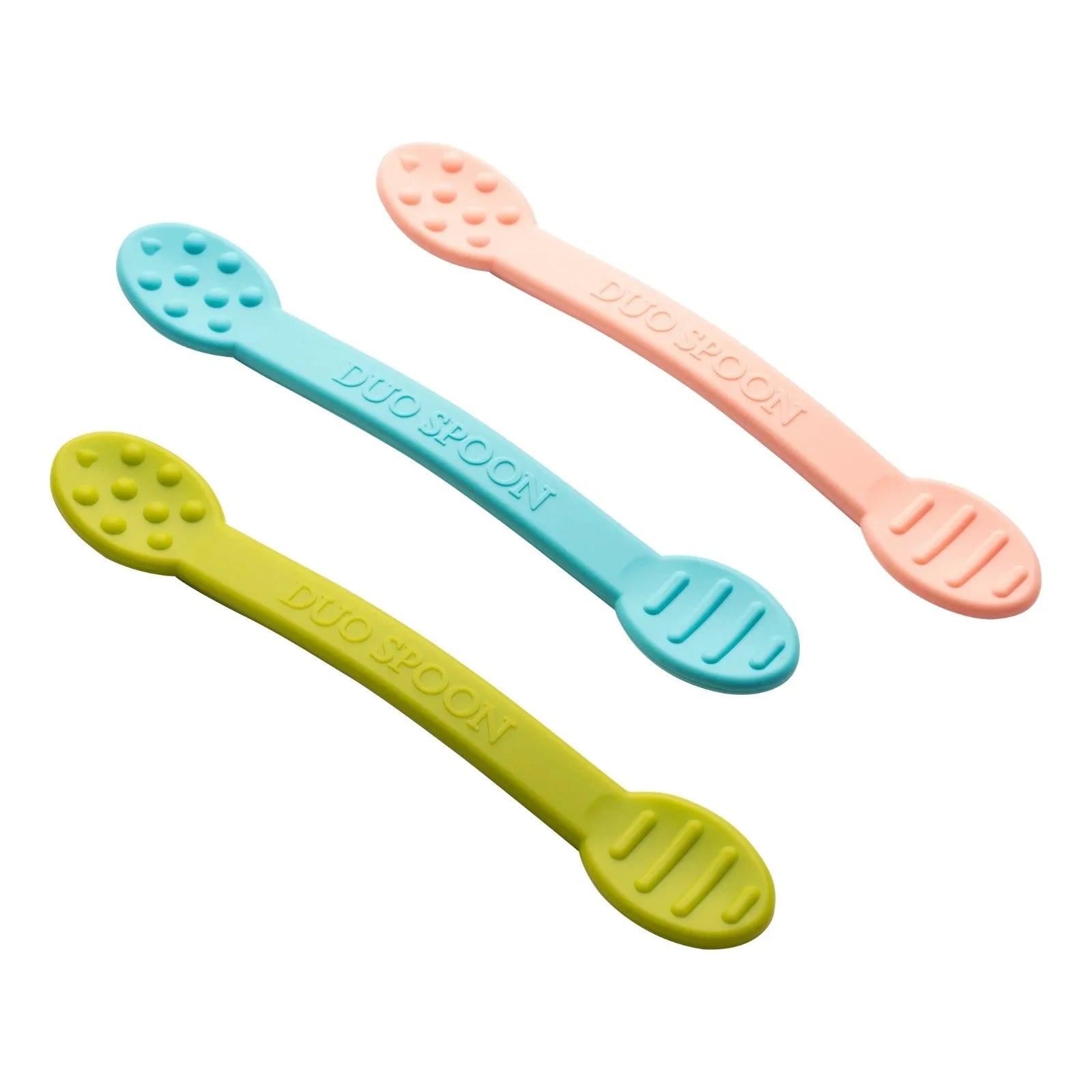 Set of three silicone duo sensory spoons in pastel pink, blue, and green, textured for kids