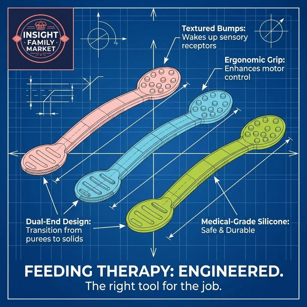 Blueprint-style diagram of three silicone feeding therapy spoons with textured bumps and ergonomic grip.