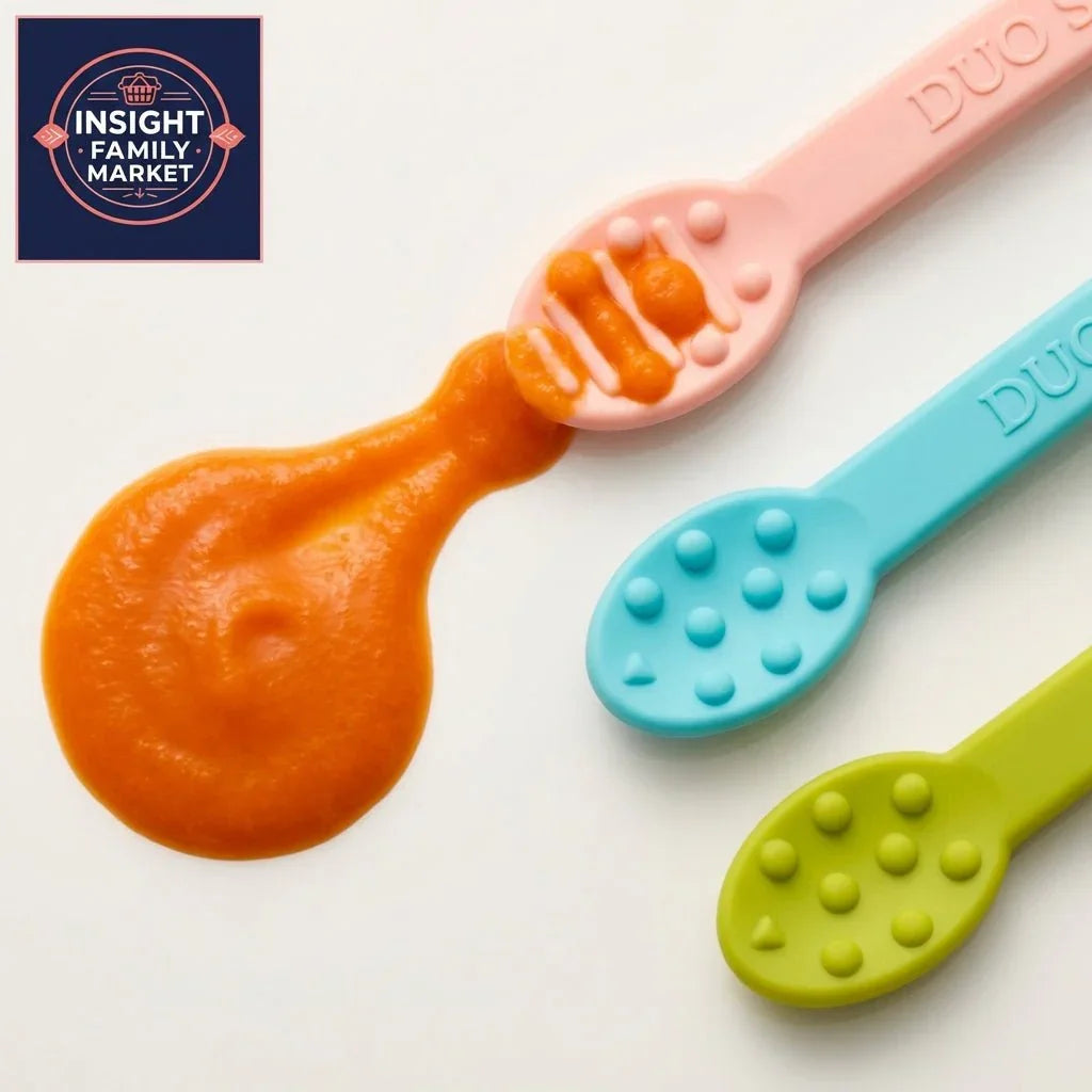 Three sensory-friendly silicone baby spoons with textured tips and orange puree