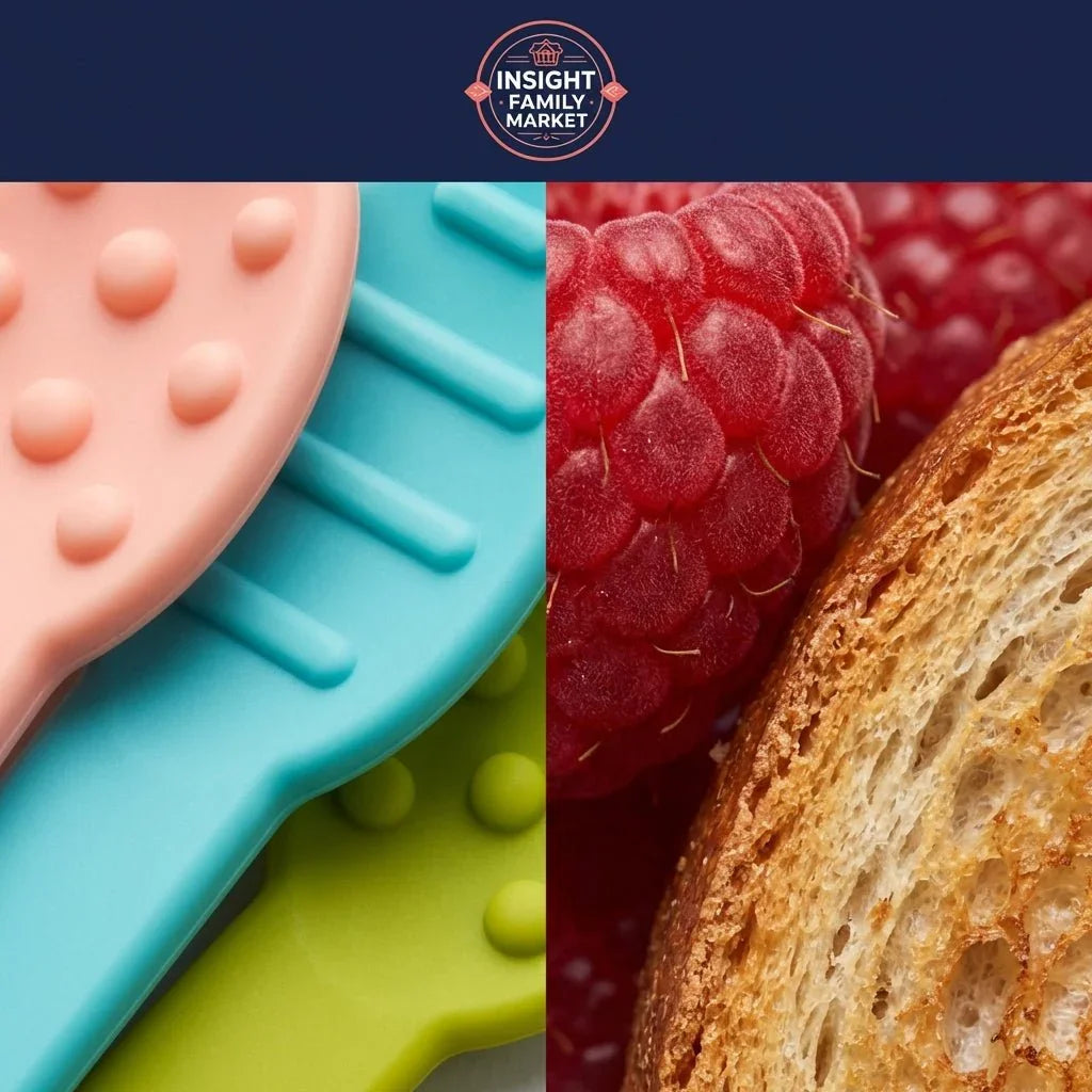 Sensory chew tools in pastel colors beside close-up of raspberry and toast, texture aversion support.