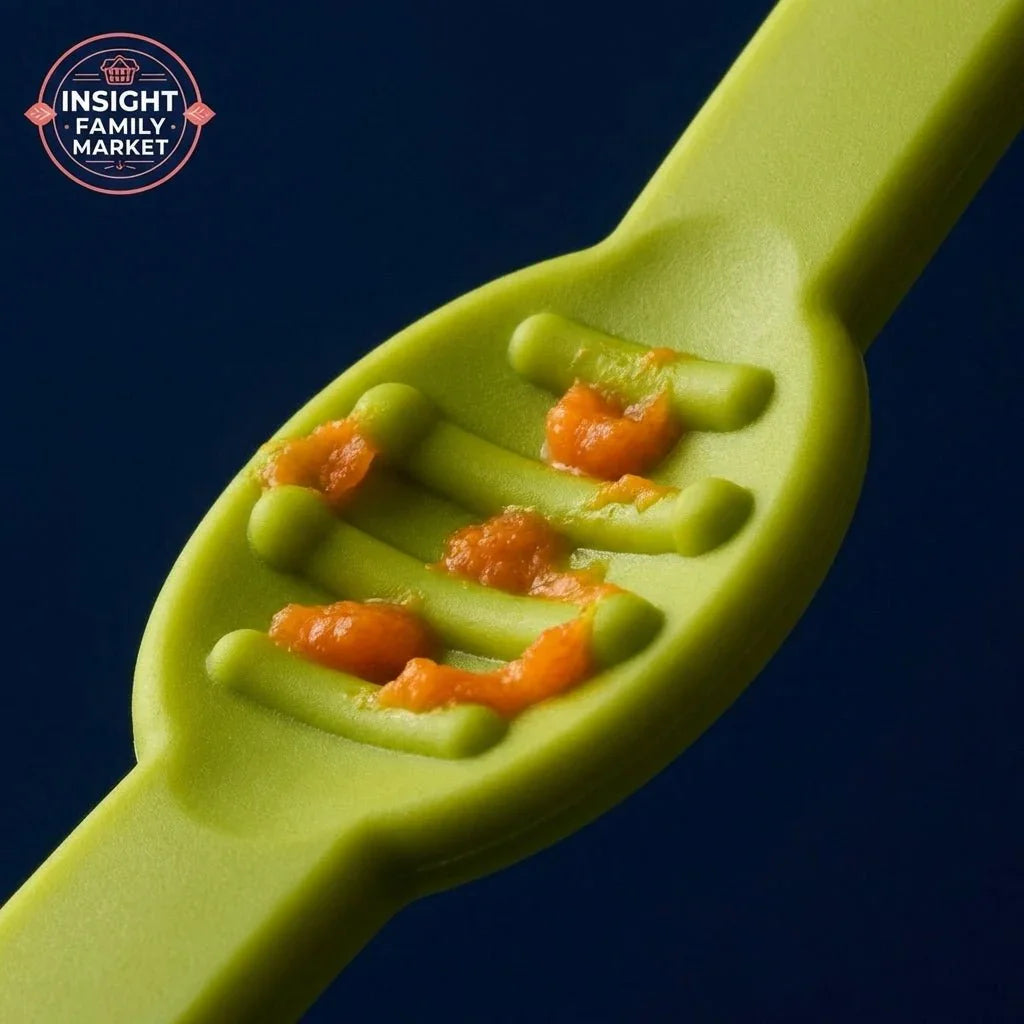 Green sensory feeding spoon with textured ridges and orange puree, suitable for kids