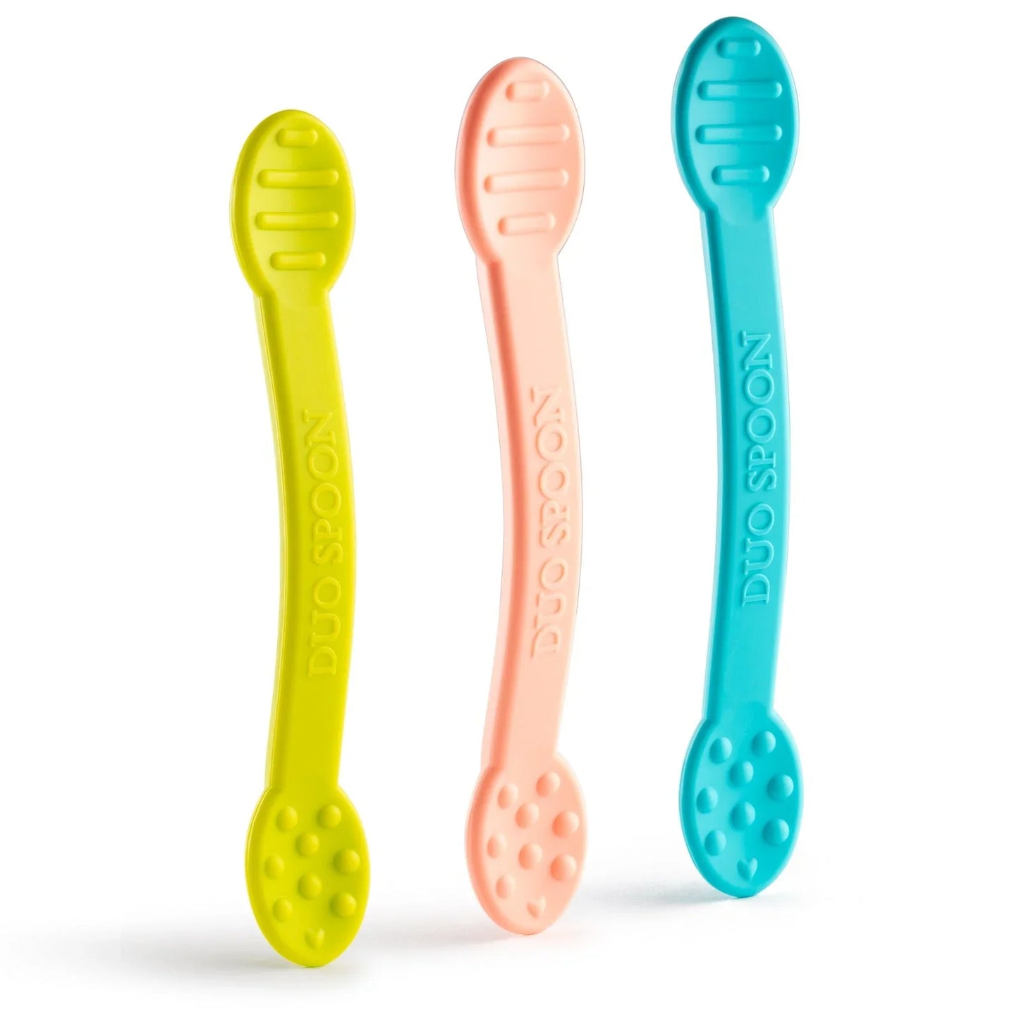 Sensory-friendly Duo Spoons in yellow, pink, and blue for kids on white background
