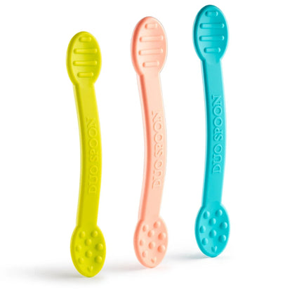 Sensory-friendly Duo Spoons in yellow, pink, and blue for kids on white background
