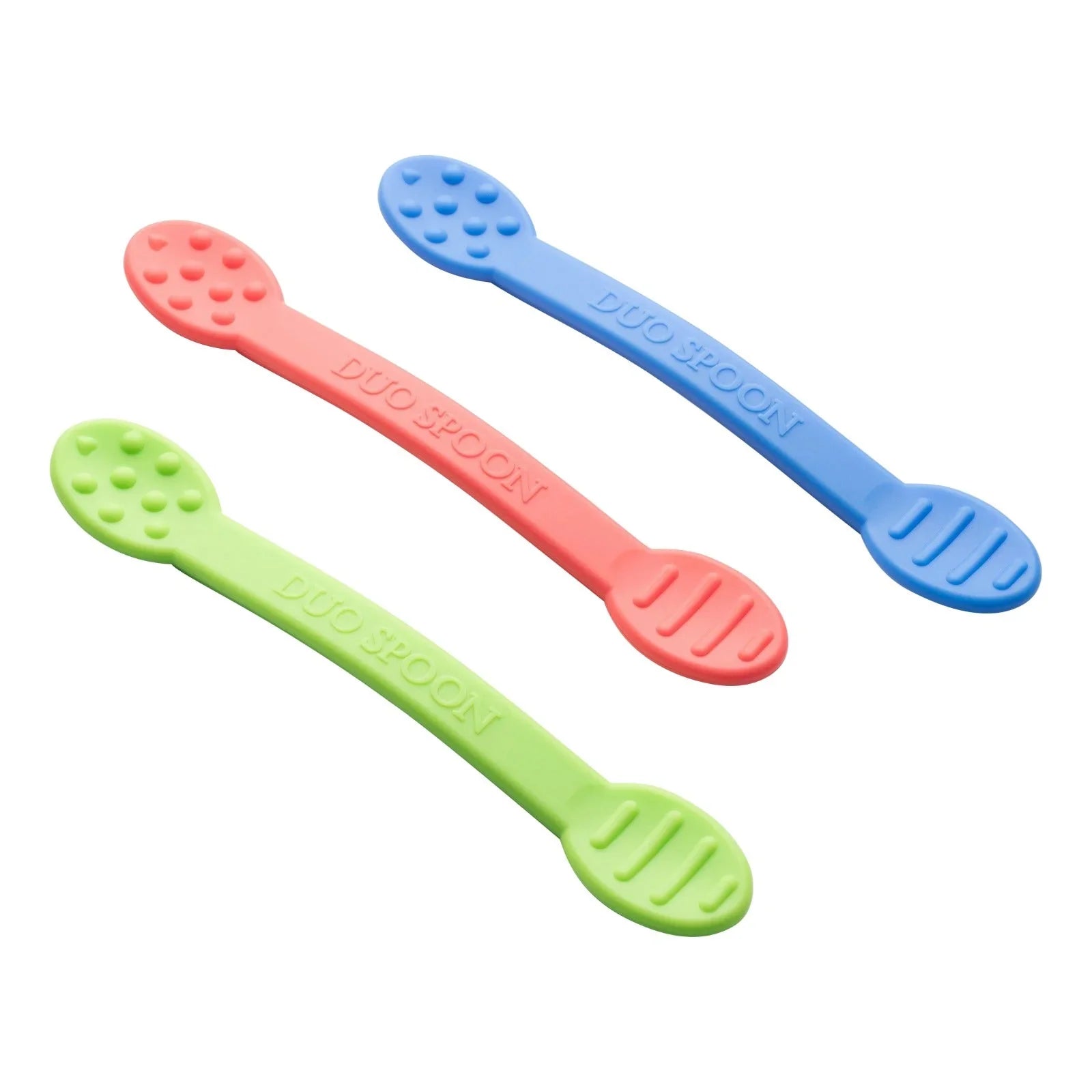 Set of three sensory-friendly silicone duo spoons in green, pink, and blue colors
