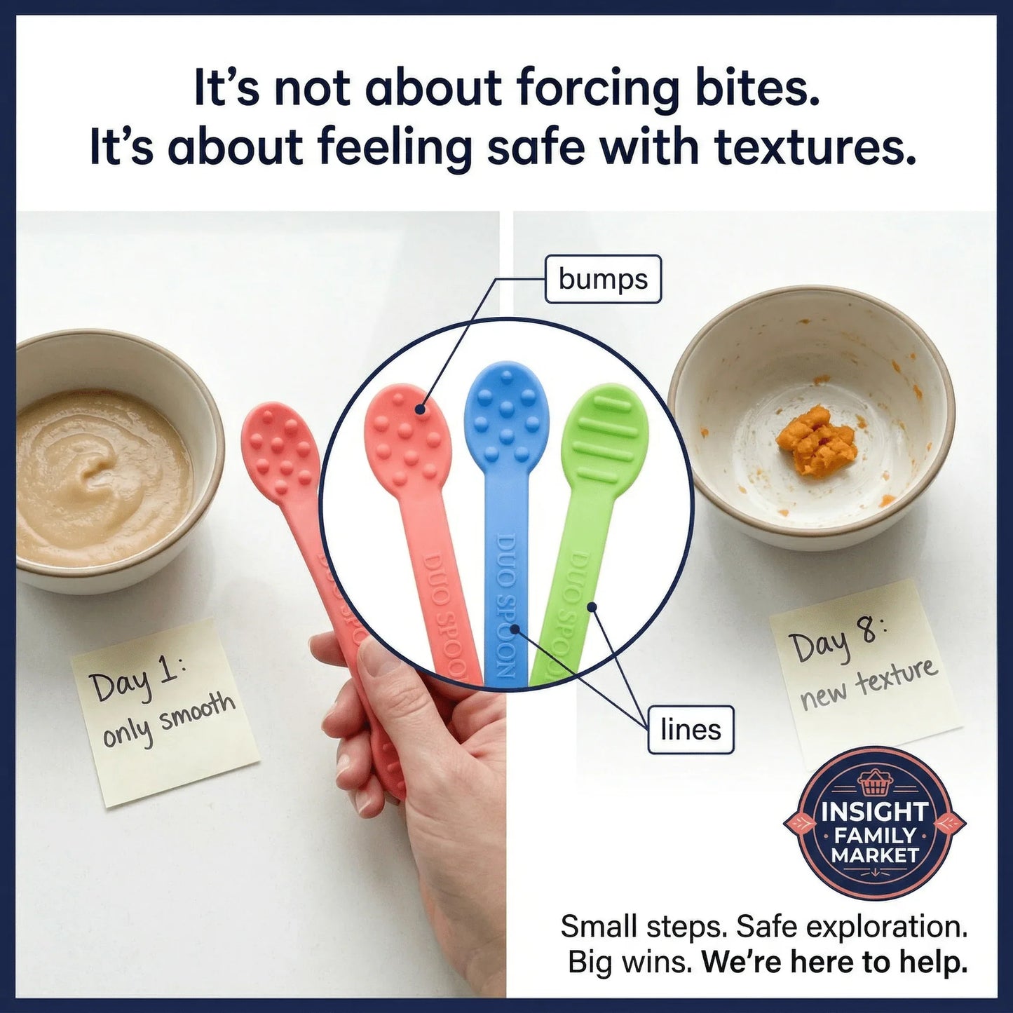 Sensory feeding spoons with textured surfaces for safe texture exploration, shown with smooth purée and new textured food for gradual sensory introduction.