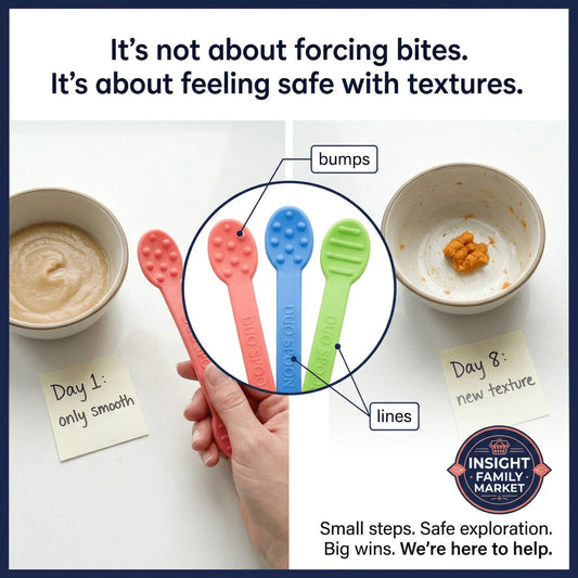 Sensory feeding spoons with textured surfaces for safe texture exploration, shown with smooth purée and new textured food for gradual sensory introduction.