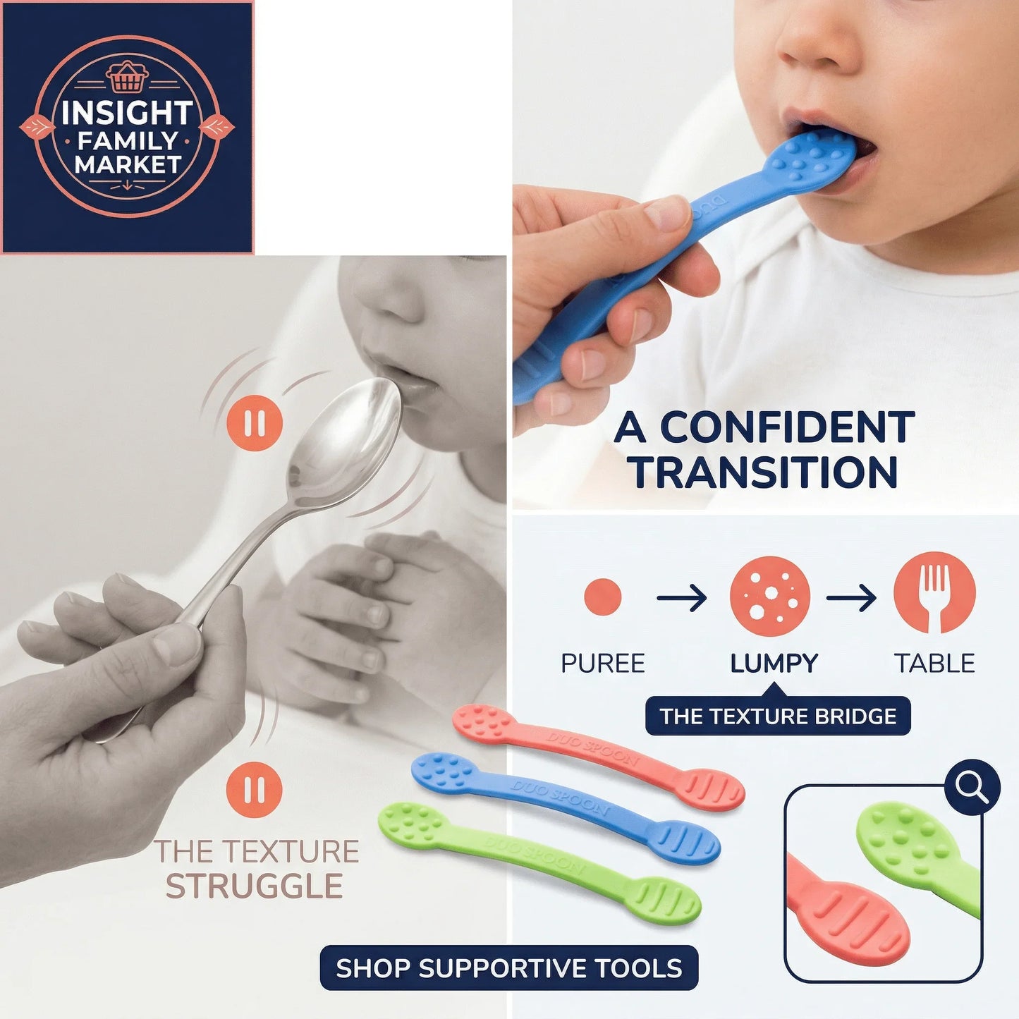 Sensory-friendly spoons help children transition from pureed to solid foods, reducing mealtime stress.
