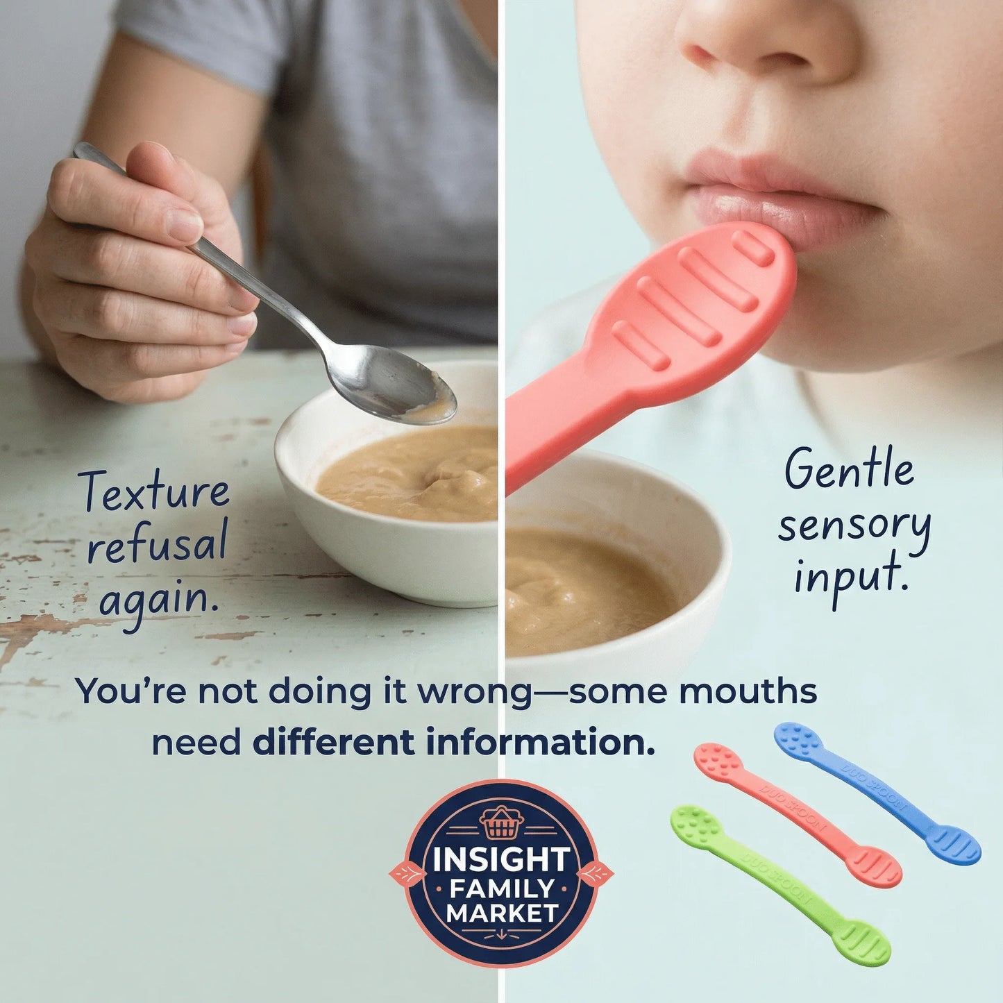 Child using sensory-friendly feeding spoon with textured puree, gentle sensory input, three colorful spoons.