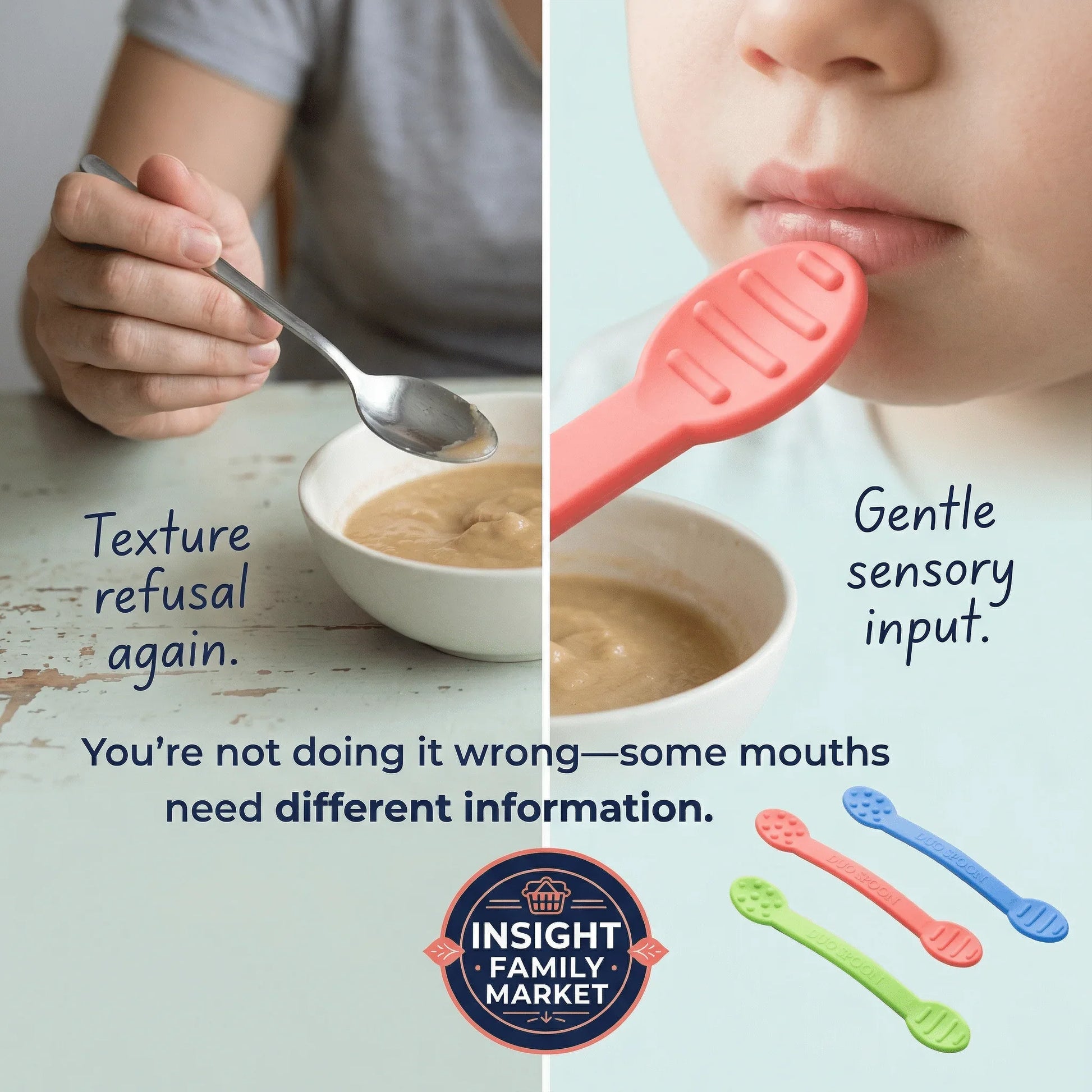 Child using sensory-friendly feeding spoon with textured puree, gentle sensory input, three colorful spoons.