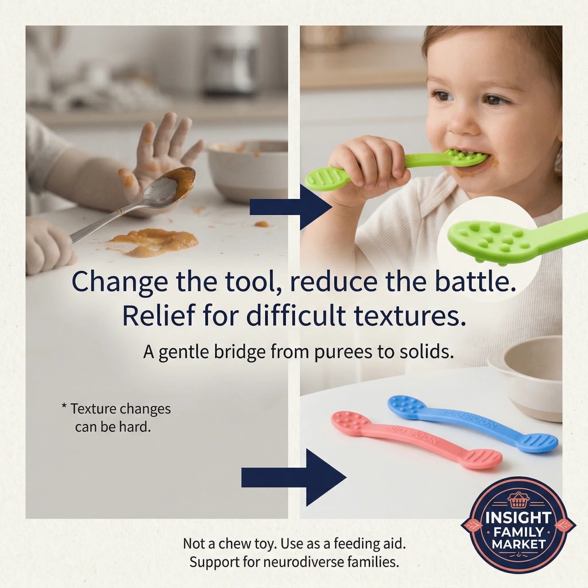 Child using sensory-friendly feeding tool for easier mealtime transition from purees to solids.