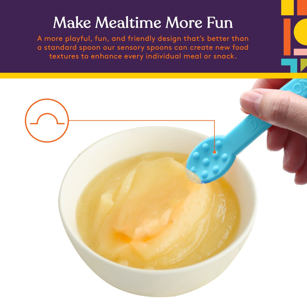 Blue spoon being used to scoop food from a bowl with text about making mealtime more fun.
