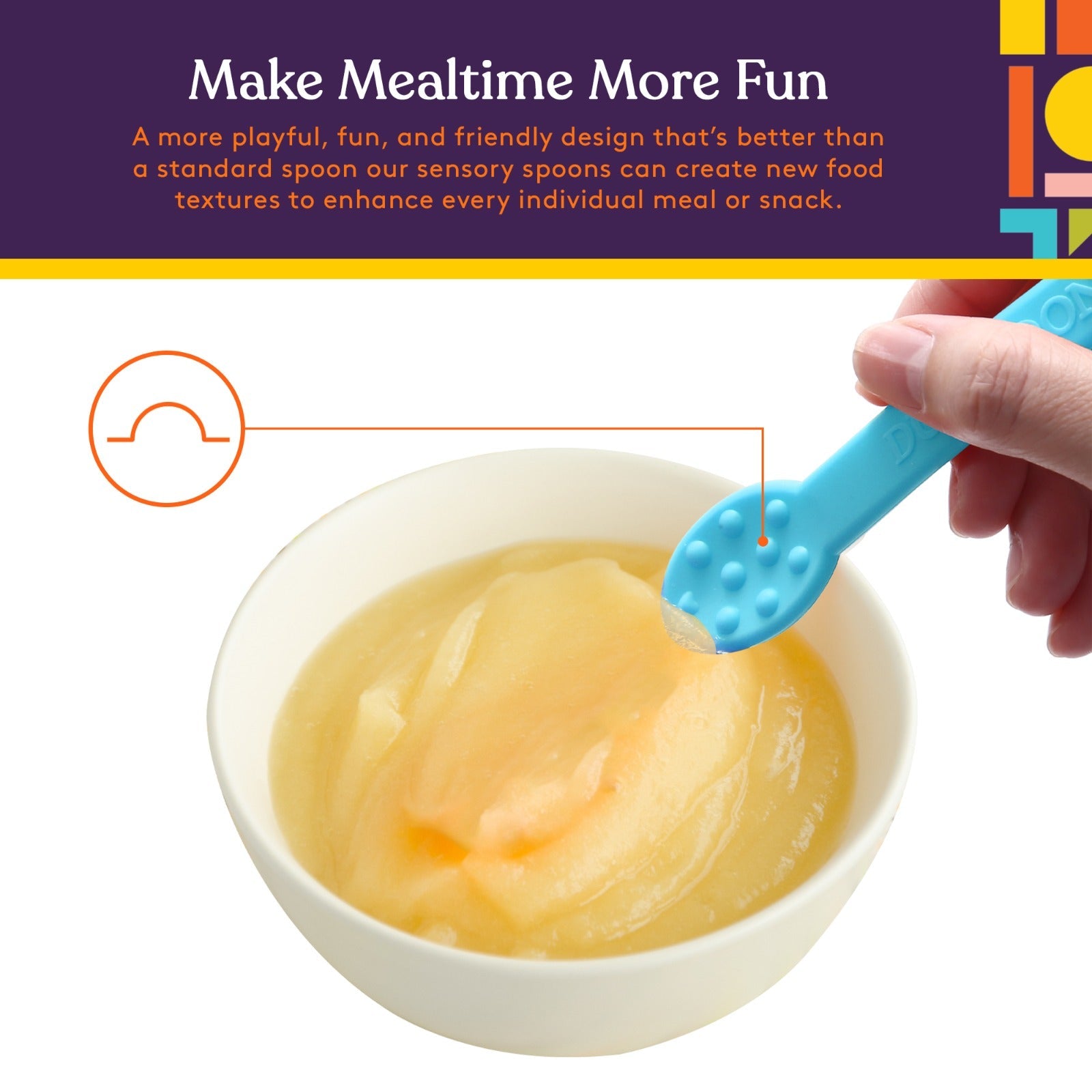 Blue spoon being used to scoop food from a bowl with text about making mealtime more fun.