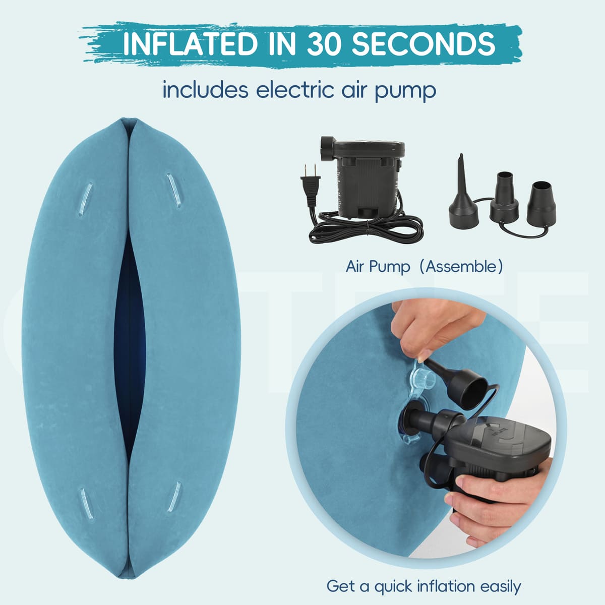 Inflatable product with electric air pump and text indicating quick inflation time.