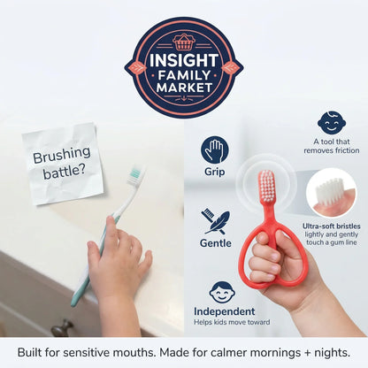 Children's toothbrush with features highlighted on a white background, featuring Insight Family Market branding.