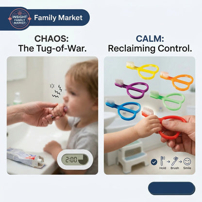 Two images showing a child with a toothbrush and a hand reaching for it, with text 'Chaos: The Tug-of-War' and 'Calm: Reclaiming Control'.