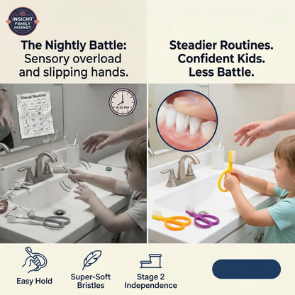 Product advertisement showing a child using a toothbrush with text about sensory overload, confidence building, and product features.