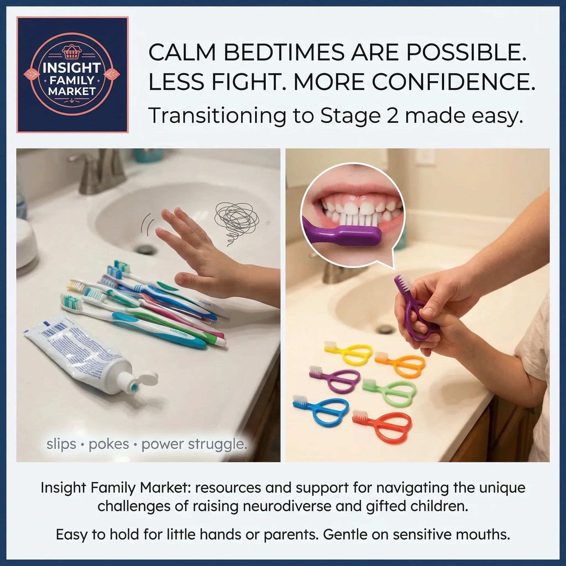Insight Family Market advertisement with bathroom scene, toothbrushes, and colorful tools on a sink.