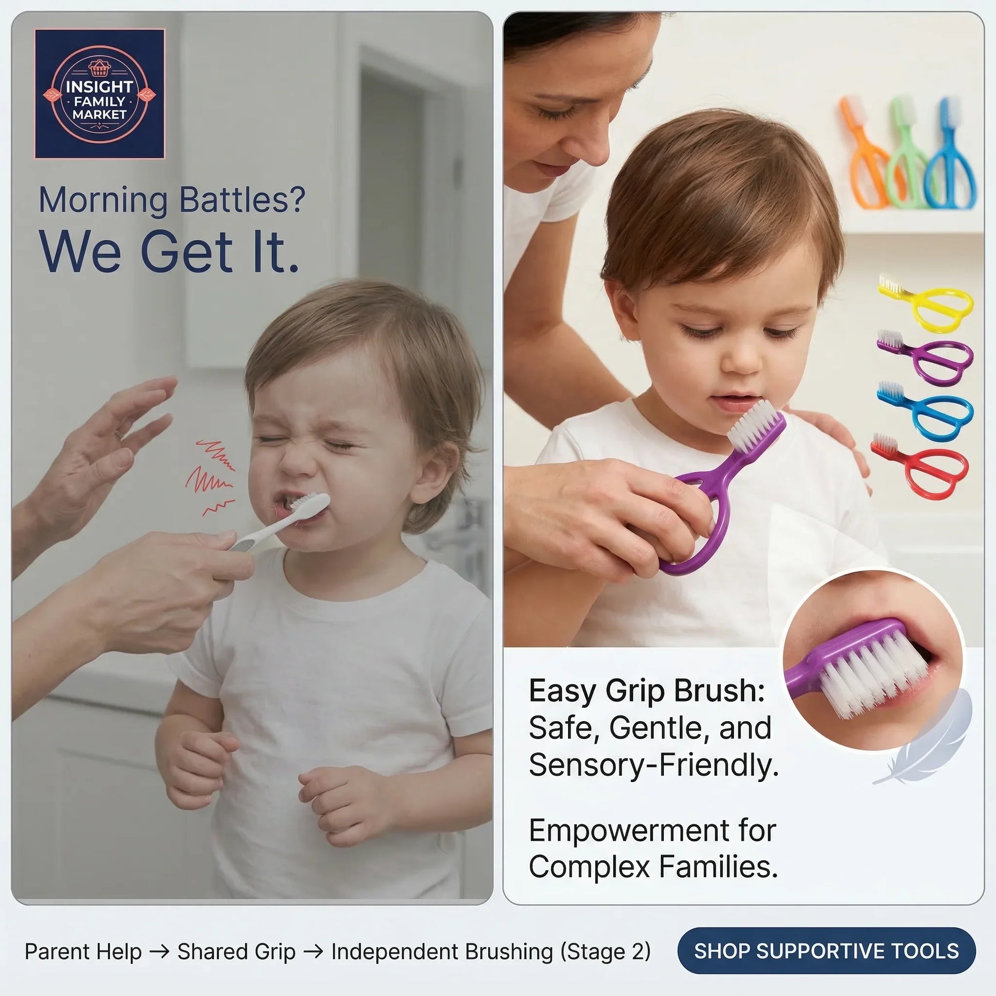 Parent helping child brush teeth with a focus on safety and independence, featuring the Insight Family Market brand.