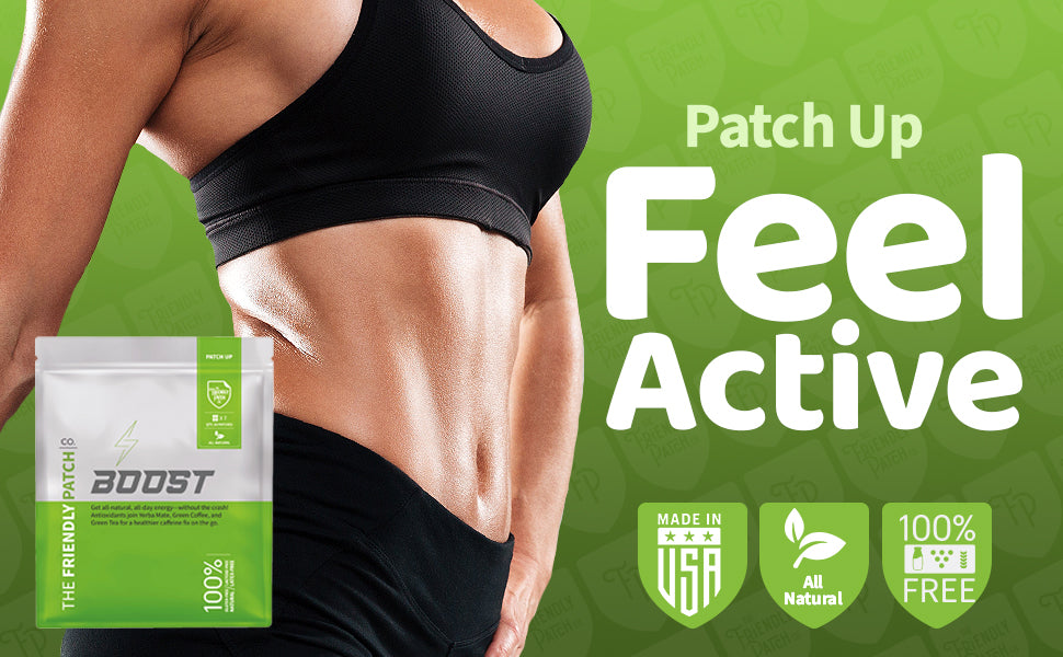 Person wearing a black sports bra and leggings with 'Feel Active' supplement packaging on a green background
