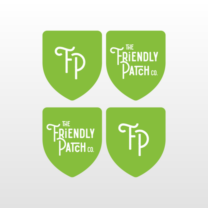 Four green patches with 'The Friendly Patch Co.' logo on a light gray background