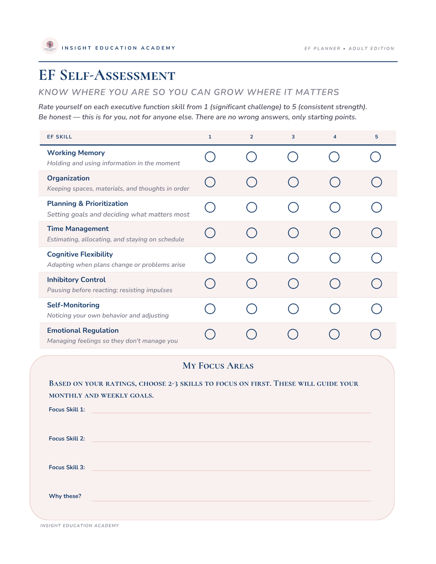EF Self-Assessment form from Insight Education Academy with rating scale and focus area section.