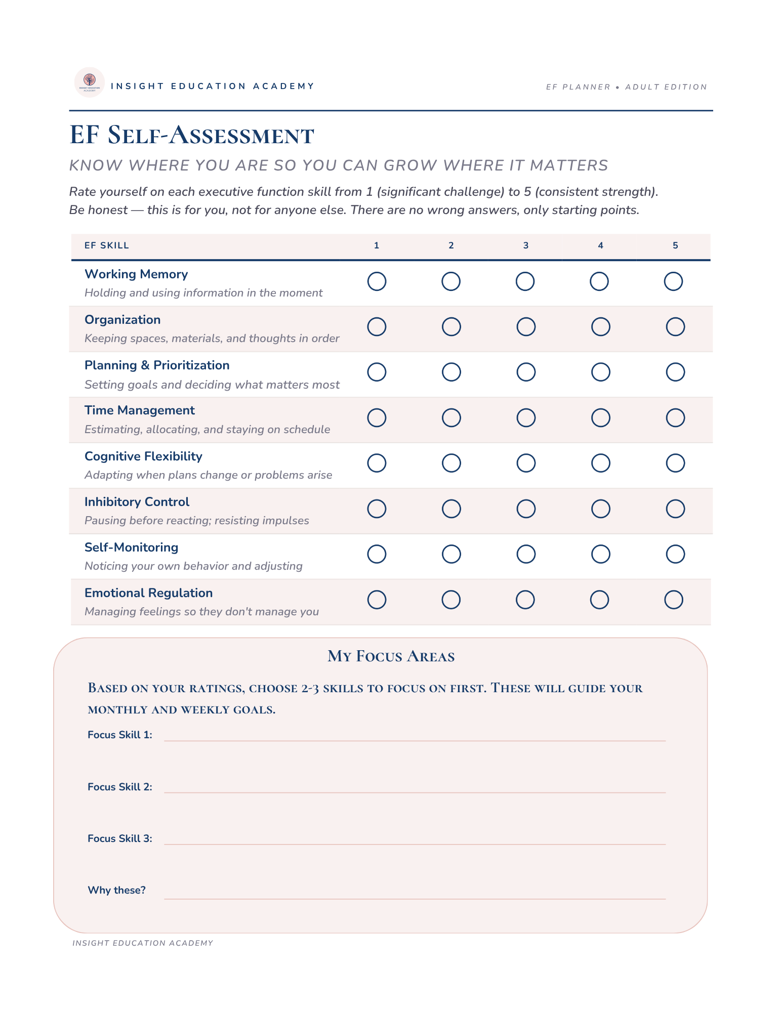 EF Self-Assessment form from Insight Education Academy with rating scale and focus area section.