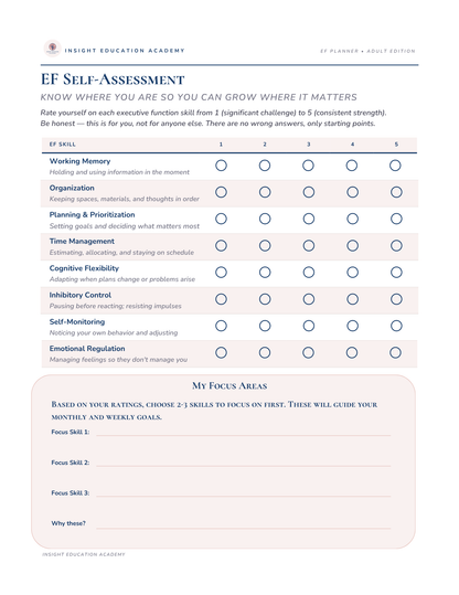 EF Self-Assessment form from Insight Education Academy with rating scale and focus area section.