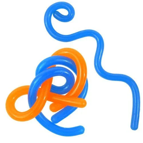 Blue and orange sensory fidget toy in twisted shapes on white background