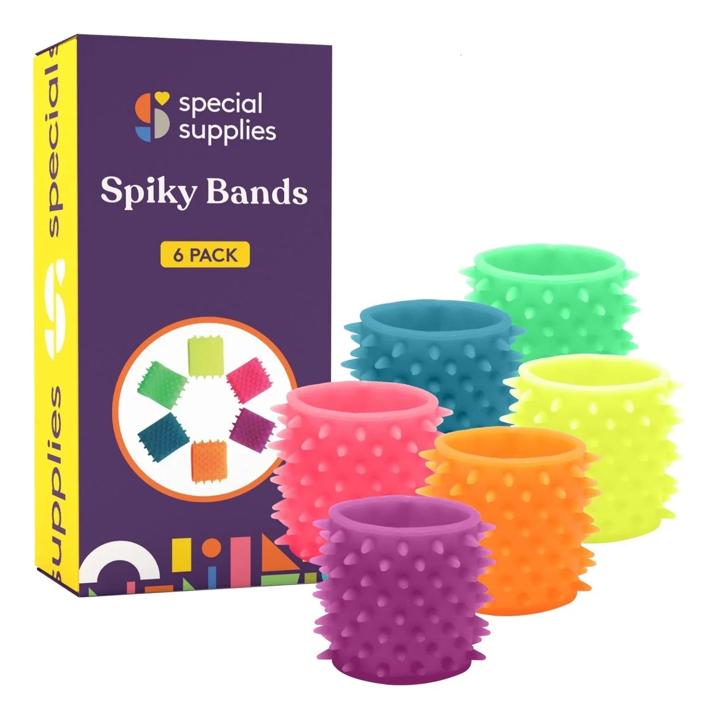Colorful sensory spiky bands 6 pack with textured silicone for fidget and sensory needs