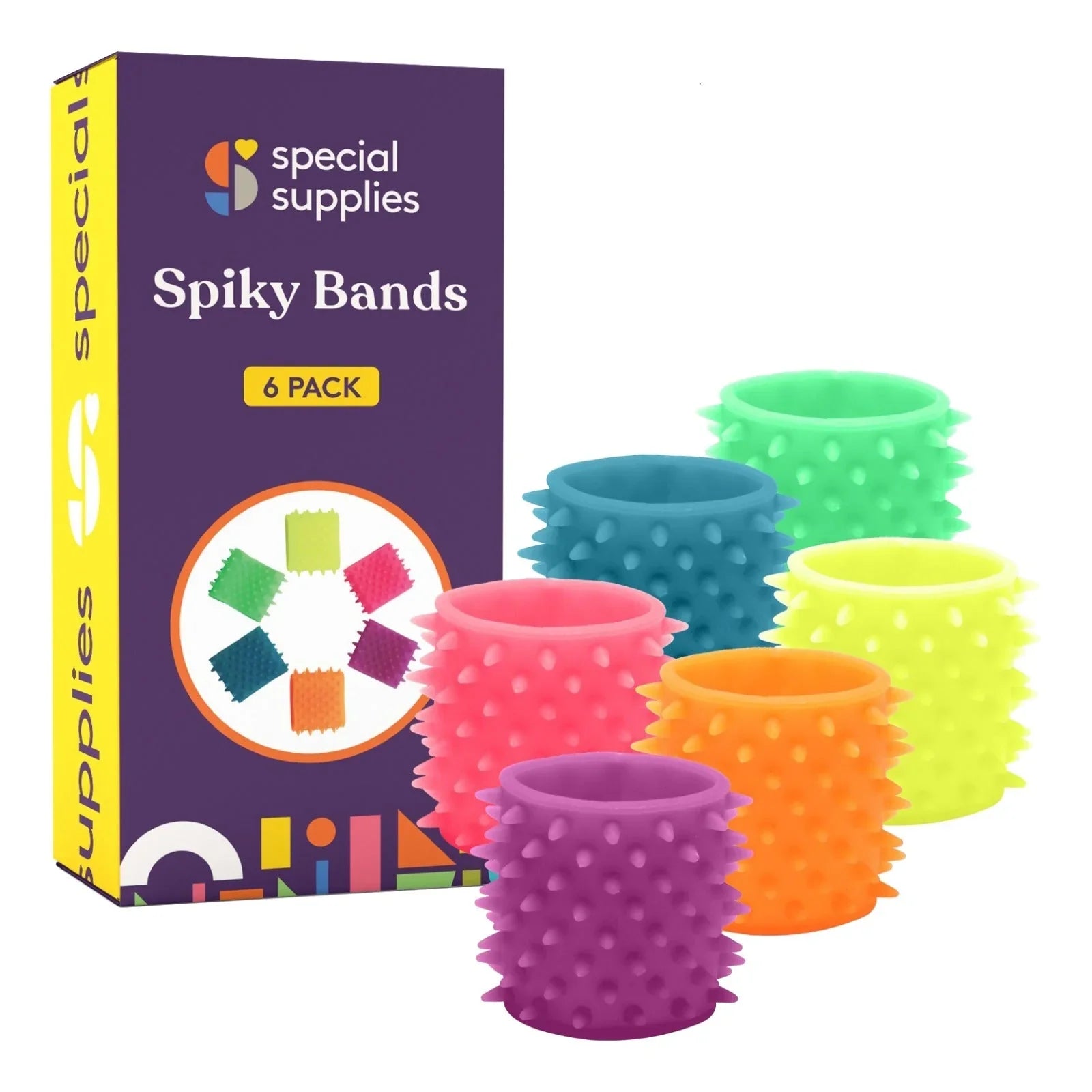 Colorful sensory spiky bands 6 pack with textured silicone for fidget and sensory needs