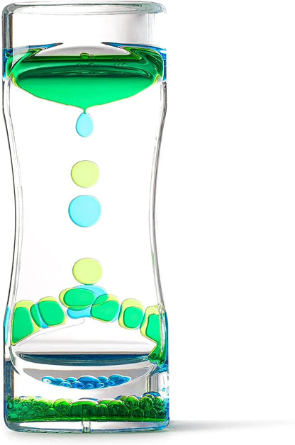 Sensory liquid motion bubbler timer with green and blue droplets in clear hourglass tube