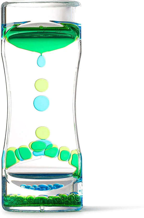 Sensory liquid motion bubbler timer with green and blue droplets in clear hourglass tube