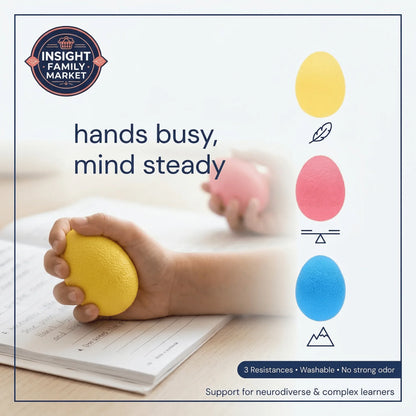 Child using yellow sensory stress ball for focus, with three resistance options shown.