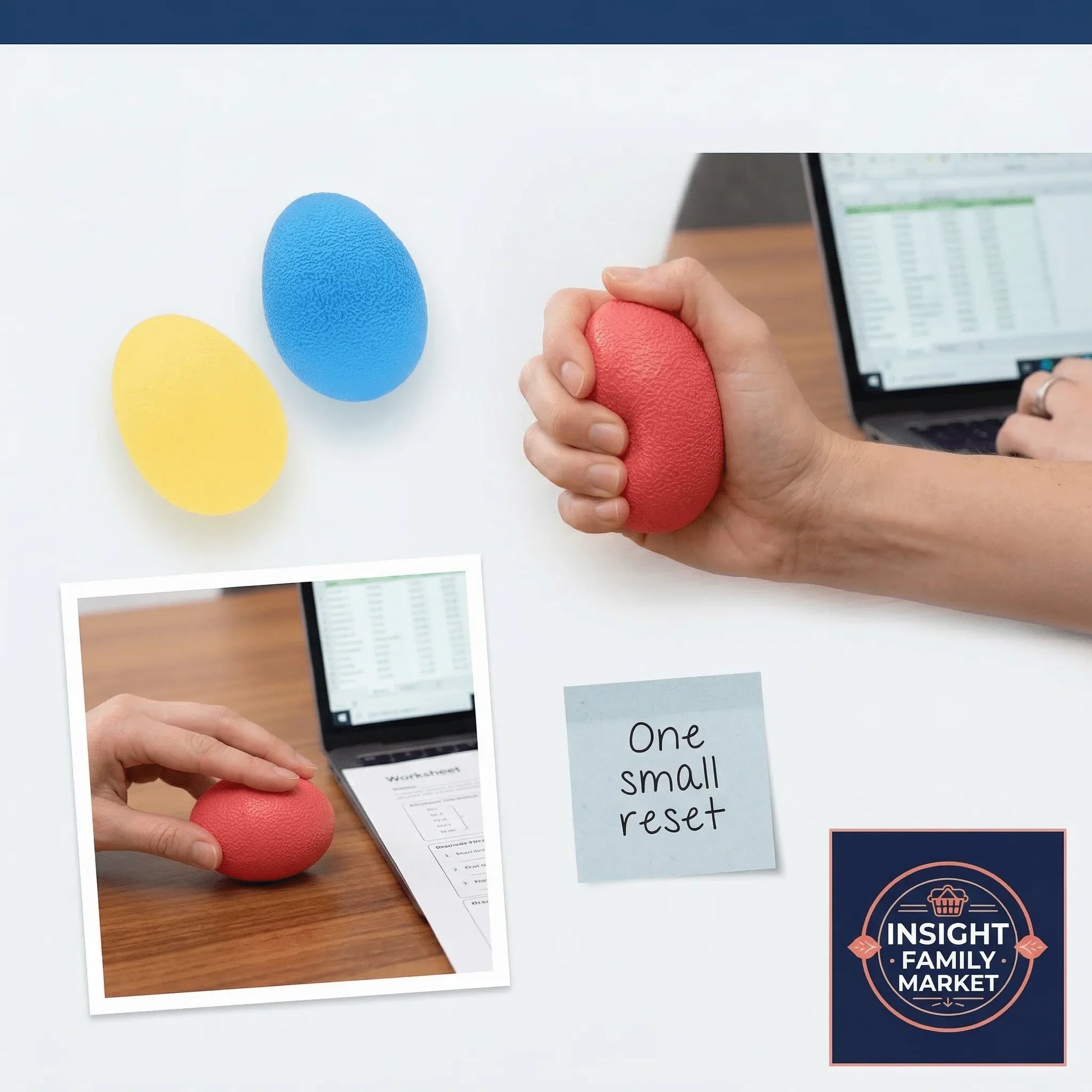 Colorful sensory stress balls for focus, with hands squeezing for fidget relief at desk