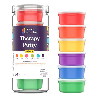 Therapy putty 6-pack in colorful containers for sensory and hand therapy support
