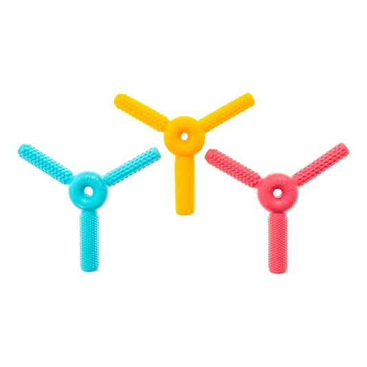 Three textured sensory chew toys in blue, yellow, and pink on white background