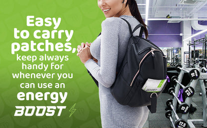 Woman with a backpack in a gym setting, promotional text about energy patches.