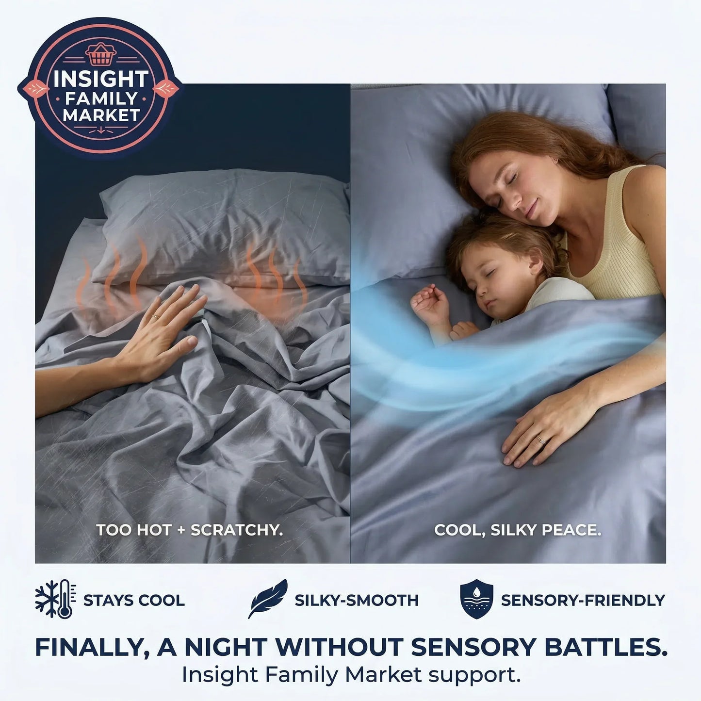 Advertisement for a cooling blanket with a person and child sleeping, highlighting comfort and sensory benefits.