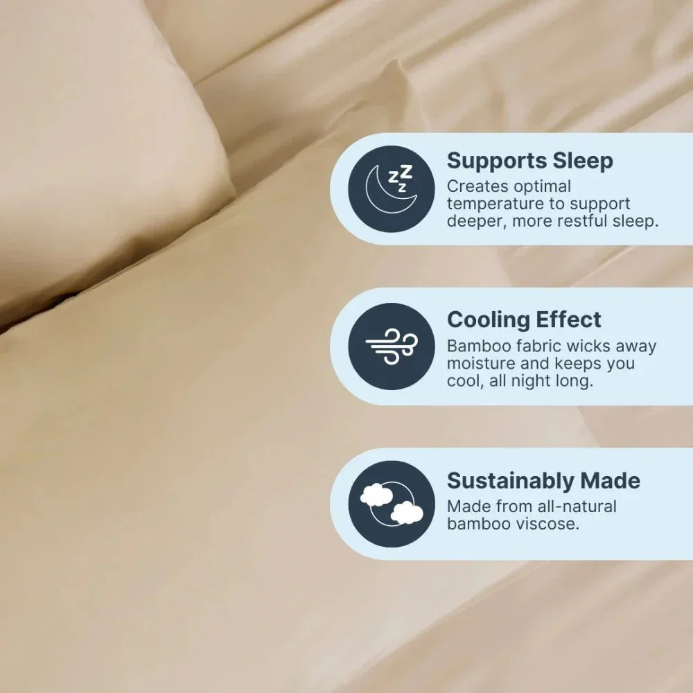 Beige cooling weighted blanket on bed with icons highlighting sleep support, moisture-wicking bamboo, and sustainable materials.
