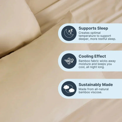 Beige cooling weighted blanket on bed with icons highlighting sleep support, moisture-wicking bamboo, and sustainable materials.