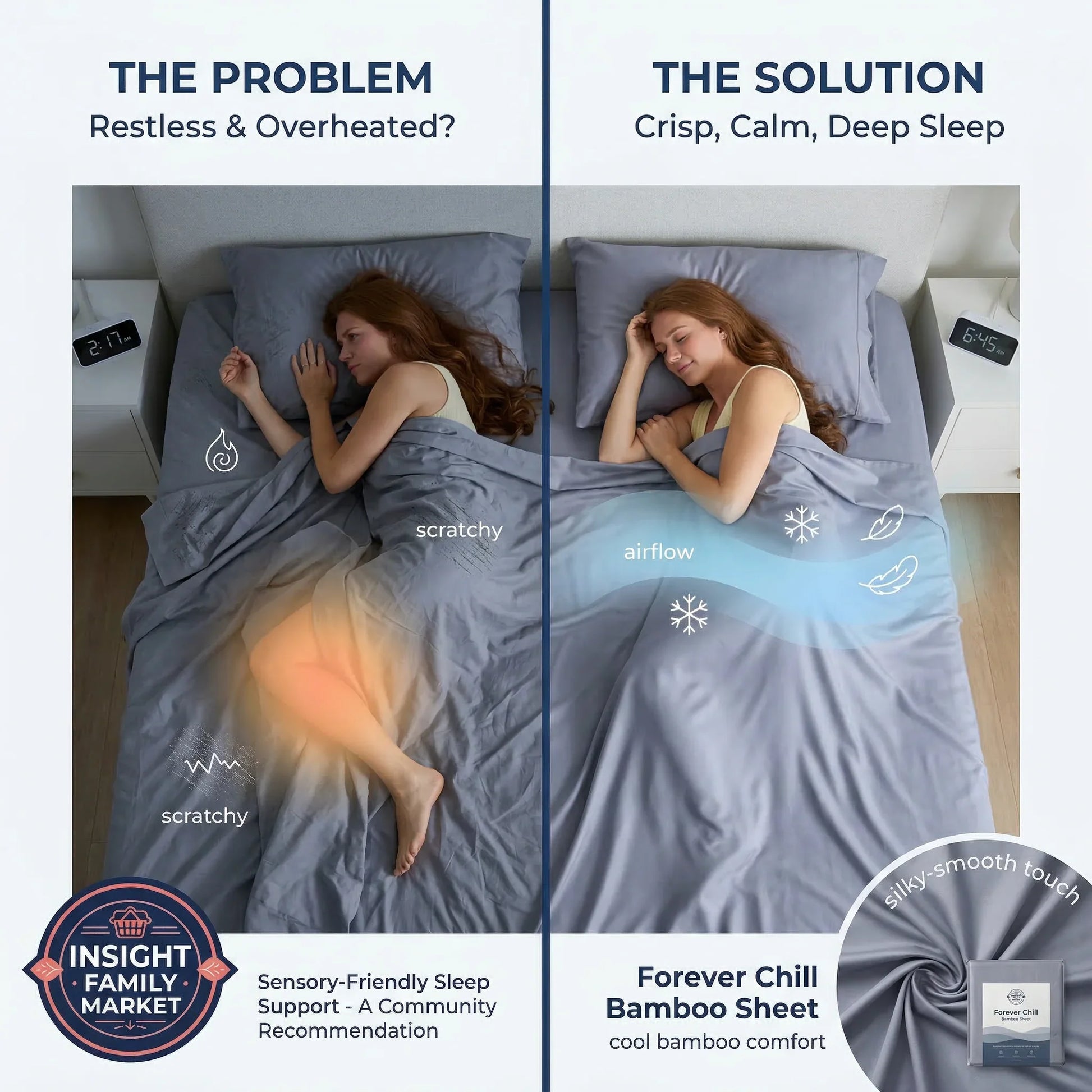 Comparison of a person sleeping on a scratchy fabric and a smooth bamboo fabric with text explaining the difference.